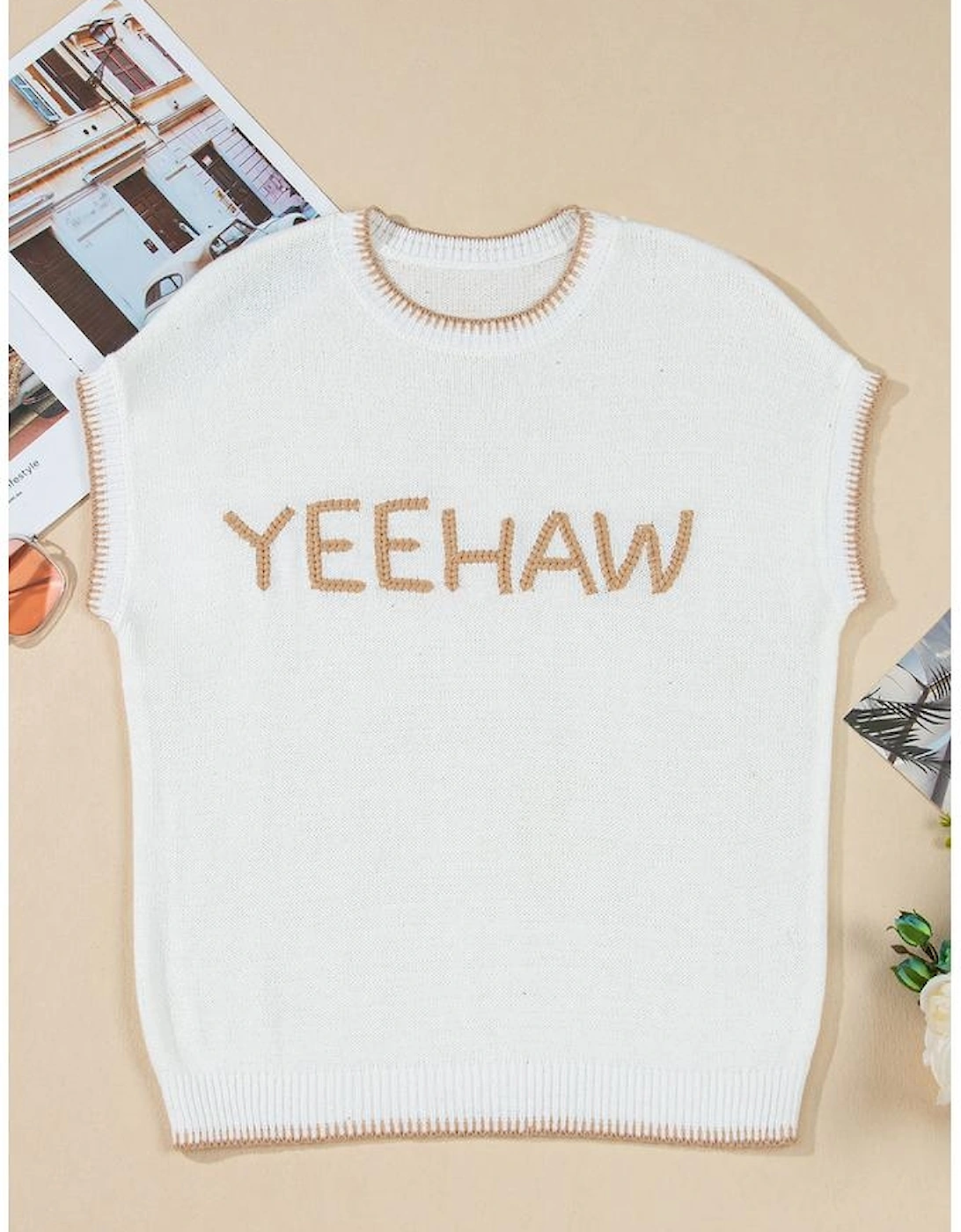 White Knitted YEEHAW Stitch Edge Crew Neck Sweater T Shirt