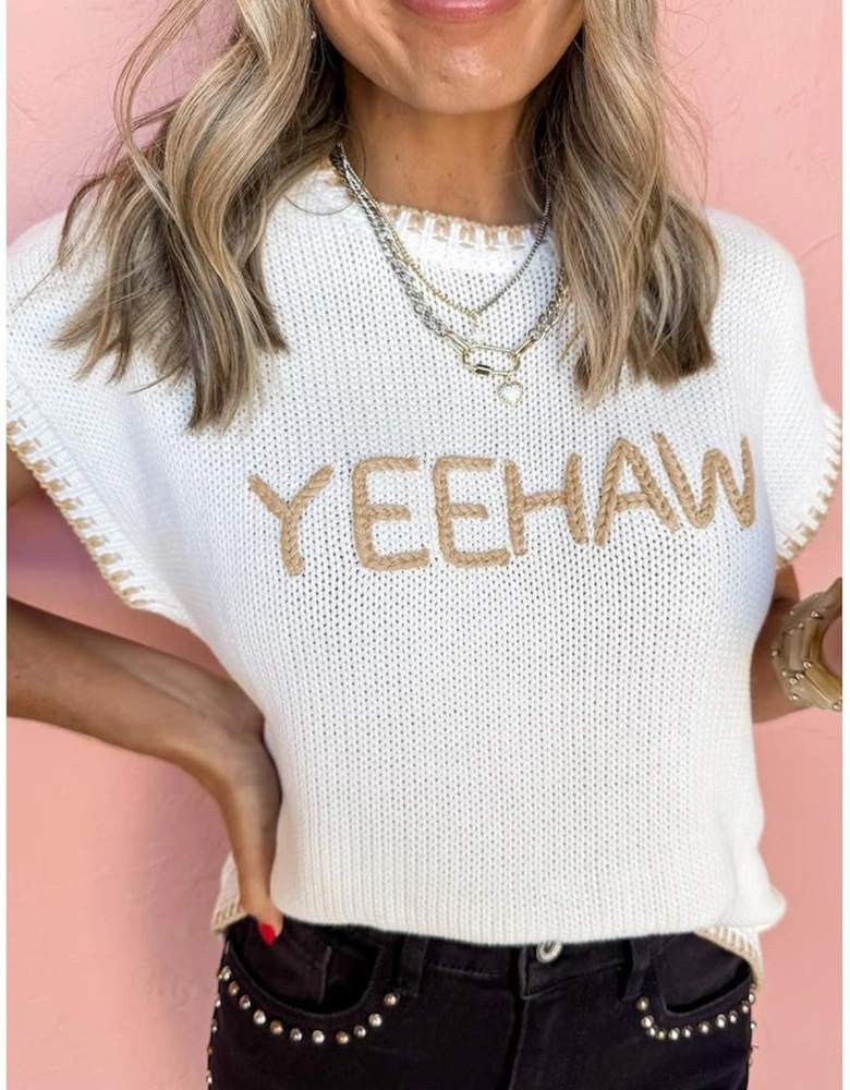 White Knitted YEEHAW Stitch Edge Crew Neck Sweater T Shirt