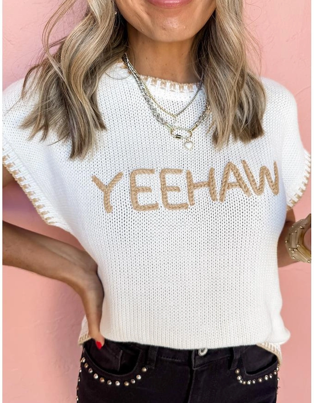 White Knitted YEEHAW Stitch Edge Crew Neck Sweater T Shirt