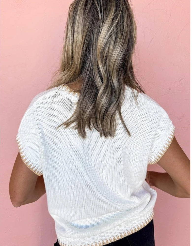 White Knitted YEEHAW Stitch Edge Crew Neck Sweater T Shirt