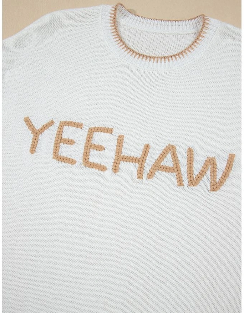 White Knitted YEEHAW Stitch Edge Crew Neck Sweater T Shirt