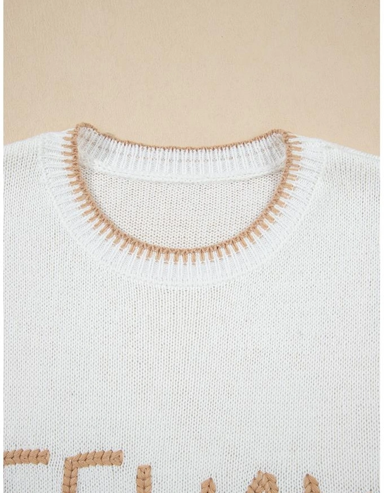 White Knitted YEEHAW Stitch Edge Crew Neck Sweater T Shirt
