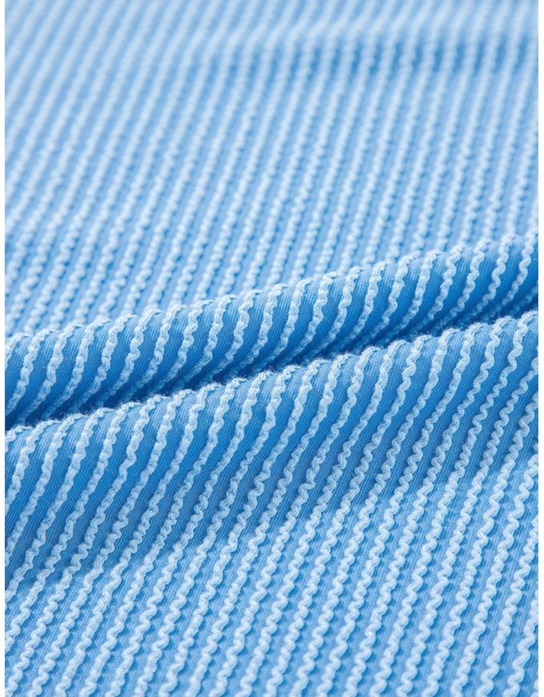 Blue Solid Corded Knit Short Sleeve T Shirt and Wide Leg Pants Set