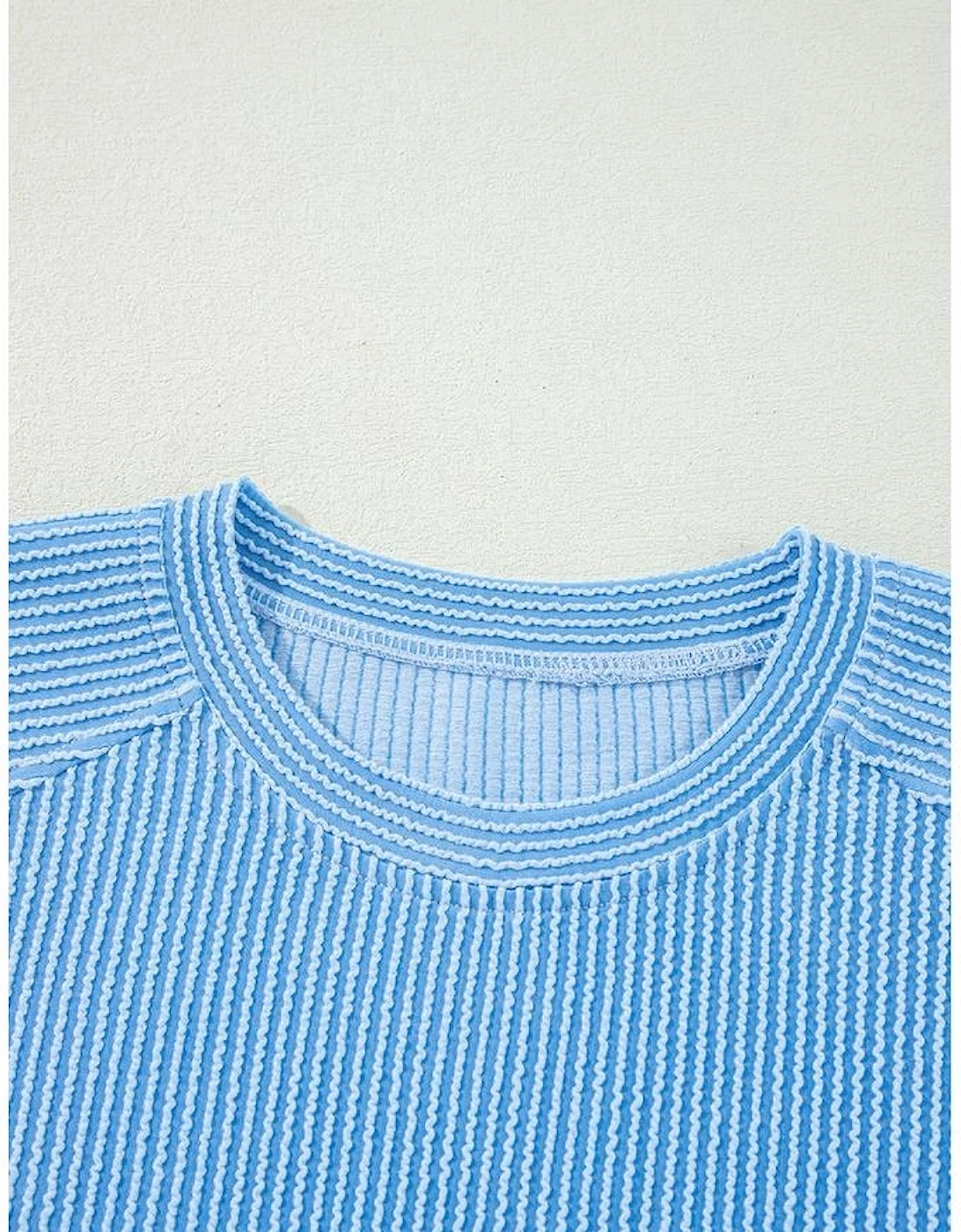 Blue Solid Corded Knit Short Sleeve T Shirt and Wide Leg Pants Set