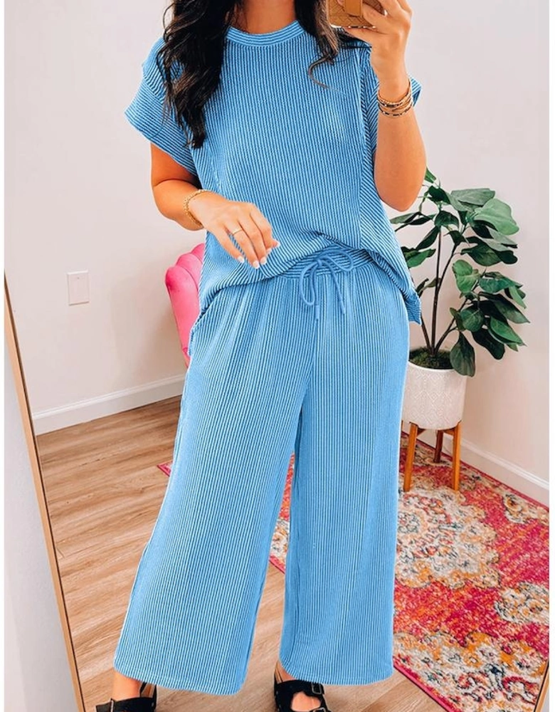 Blue Solid Corded Knit Short Sleeve T Shirt and Wide Leg Pants Set
