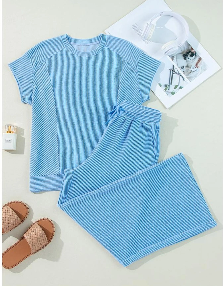Blue Solid Corded Knit Short Sleeve T Shirt and Wide Leg Pants Set