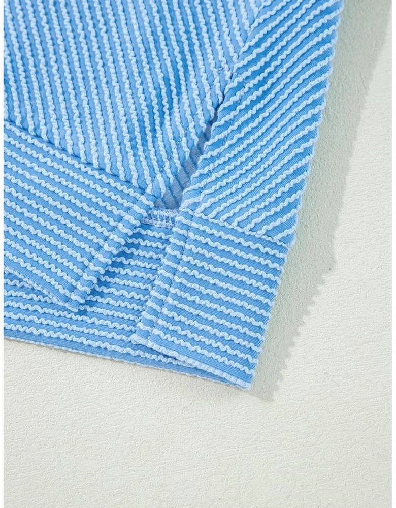 Blue Solid Corded Knit Short Sleeve T Shirt and Wide Leg Pants Set