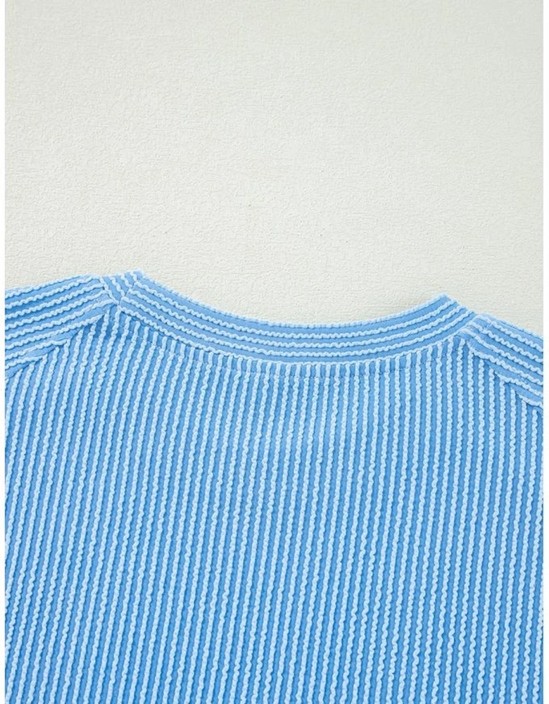 Blue Solid Corded Knit Short Sleeve T Shirt and Wide Leg Pants Set