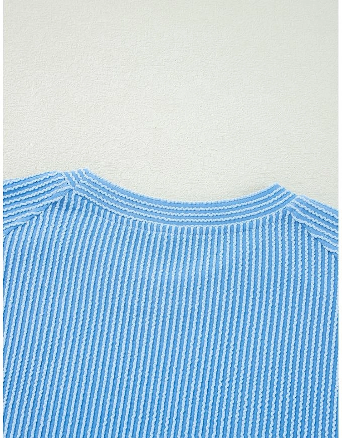 Blue Solid Corded Knit Short Sleeve T Shirt and Wide Leg Pants Set