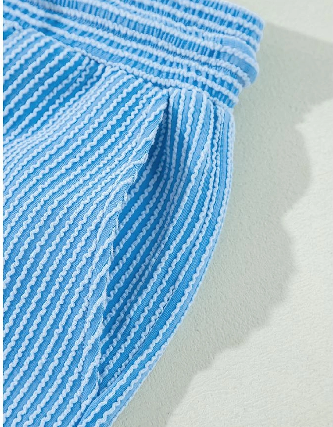 Blue Solid Corded Knit Short Sleeve T Shirt and Wide Leg Pants Set