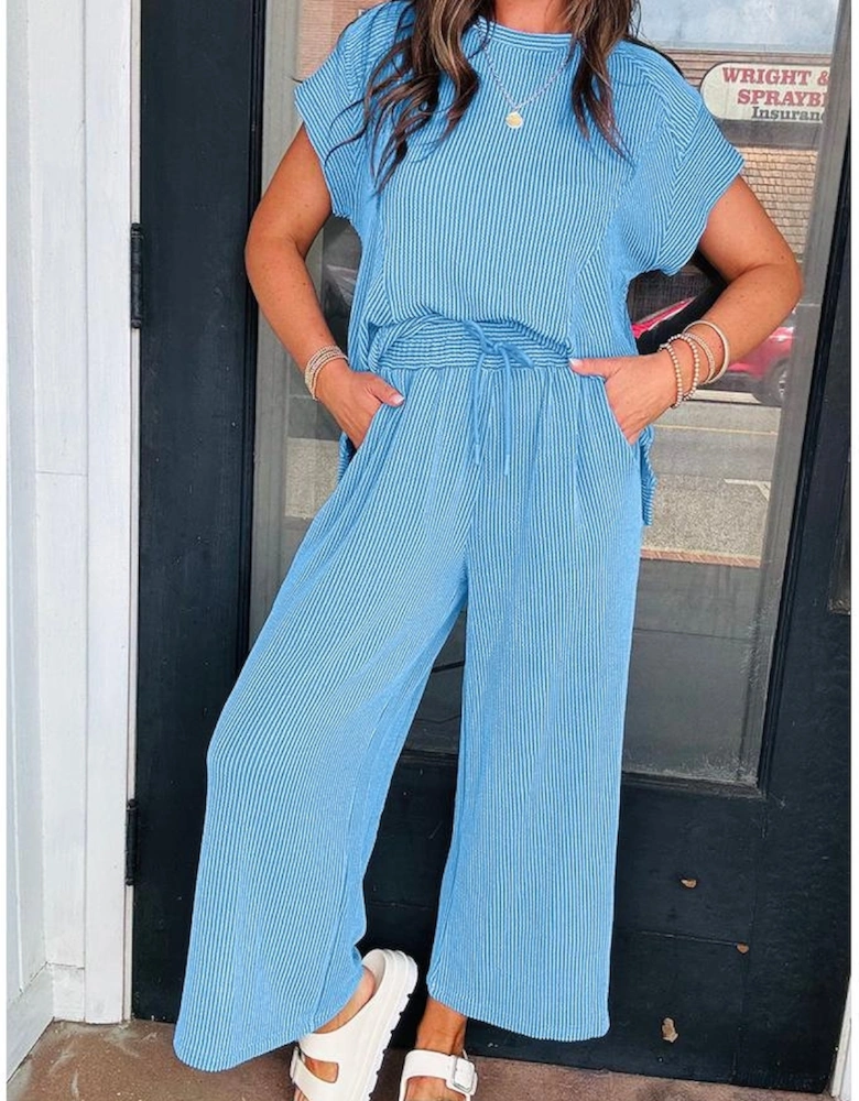 Blue Solid Corded Knit Short Sleeve T Shirt and Wide Leg Pants Set