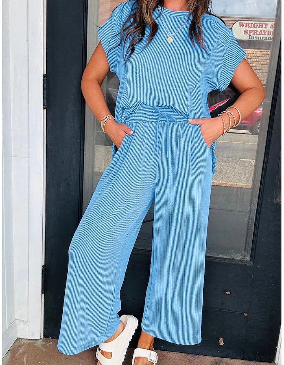 Blue Solid Corded Knit Short Sleeve T Shirt and Wide Leg Pants Set
