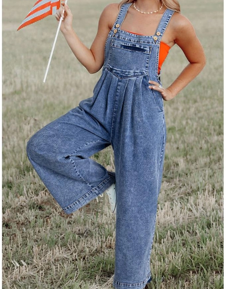 Light Blue Mineral Wash Buttoned Straps Wide Leg Denim Overalls