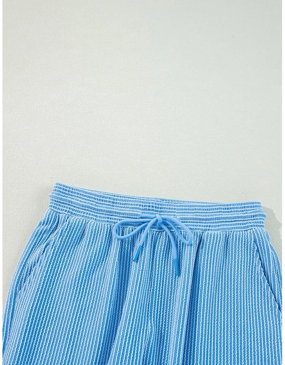 Blue Solid Corded Knit Short Sleeve T Shirt and Wide Leg Pants Set