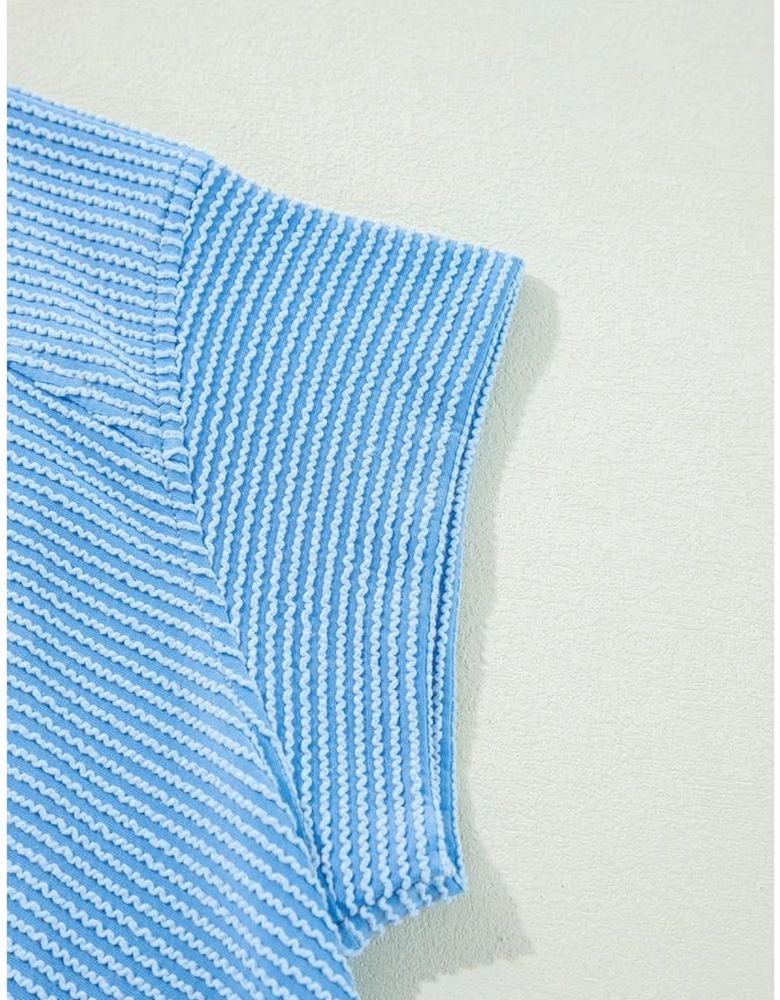 Blue Solid Corded Knit Short Sleeve T Shirt and Wide Leg Pants Set