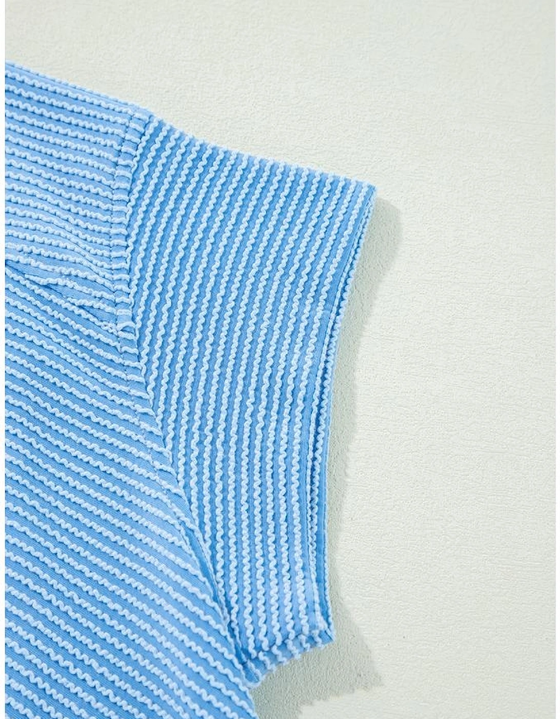 Blue Solid Corded Knit Short Sleeve T Shirt and Wide Leg Pants Set