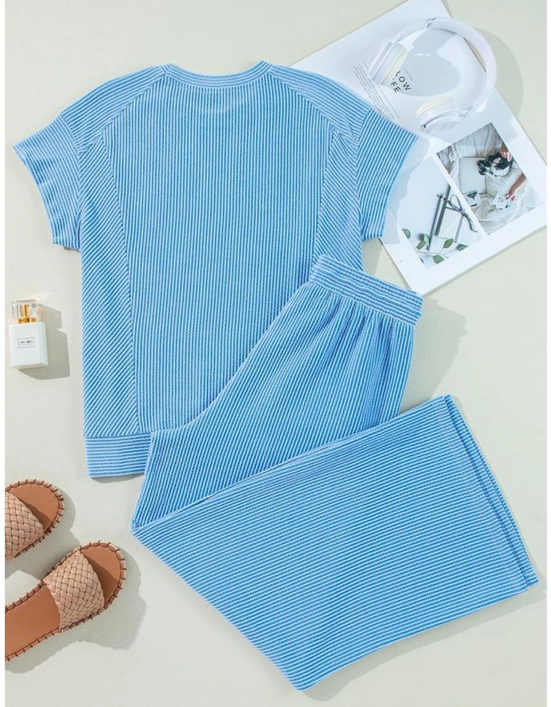 Blue Solid Corded Knit Short Sleeve T Shirt and Wide Leg Pants Set