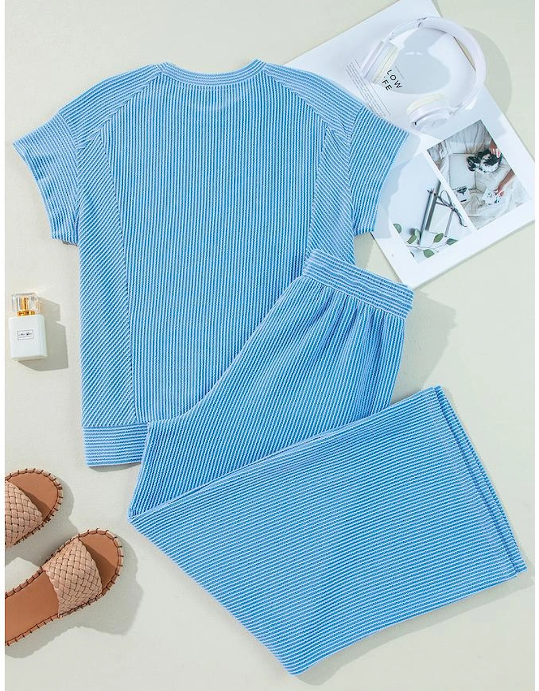 Blue Solid Corded Knit Short Sleeve T Shirt and Wide Leg Pants Set