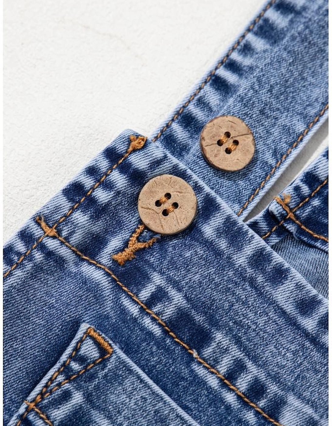 Light Blue Mineral Wash Buttoned Straps Wide Leg Denim Overalls