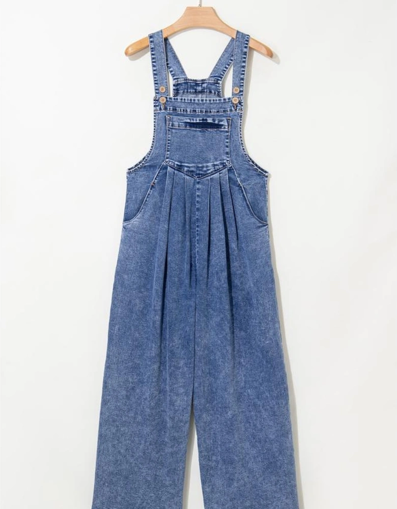 Light Blue Mineral Wash Buttoned Straps Wide Leg Denim Overalls