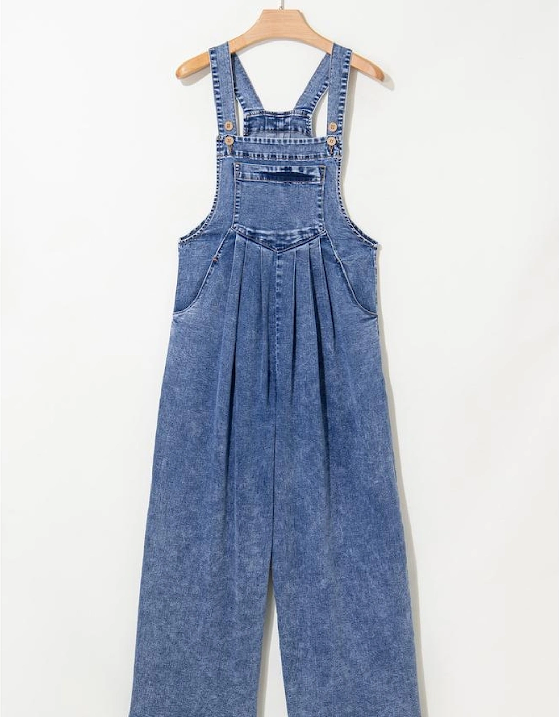 Light Blue Mineral Wash Buttoned Straps Wide Leg Denim Overalls, 16 of 15
