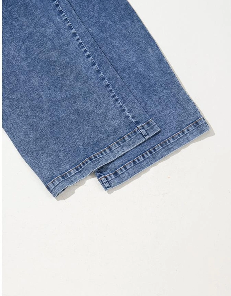 Light Blue Mineral Wash Buttoned Straps Wide Leg Denim Overalls