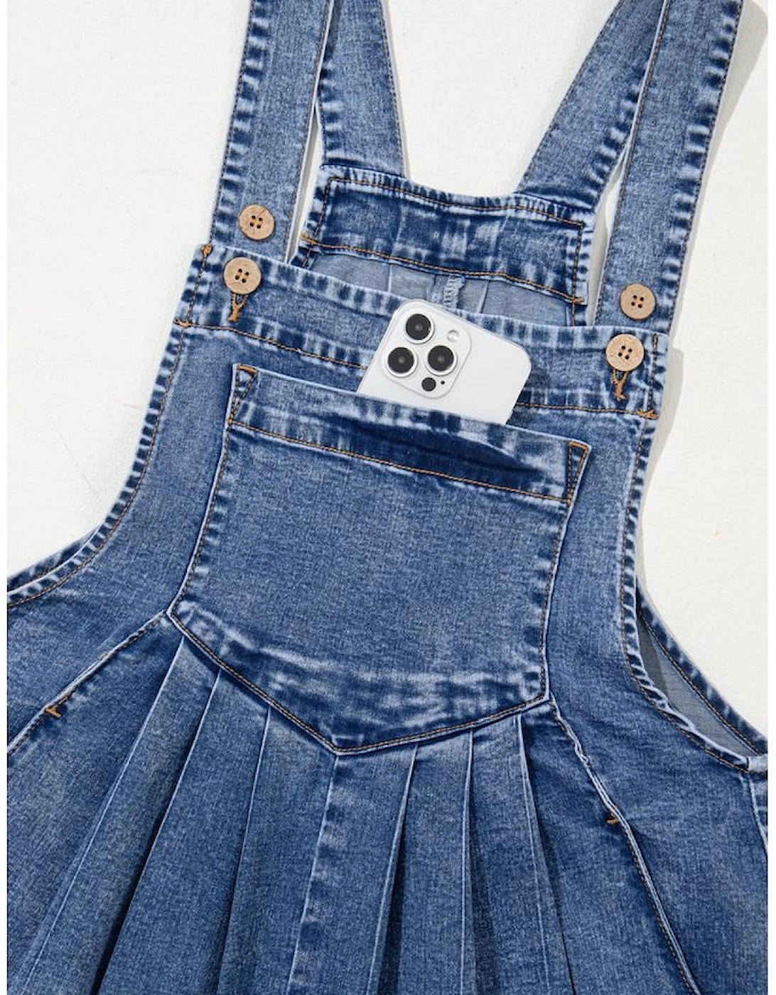 Light Blue Mineral Wash Buttoned Straps Wide Leg Denim Overalls