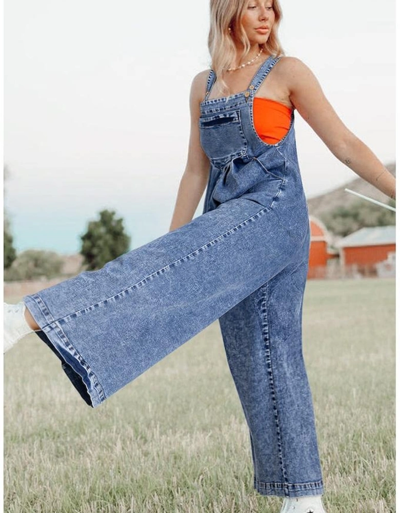 Light Blue Mineral Wash Buttoned Straps Wide Leg Denim Overalls