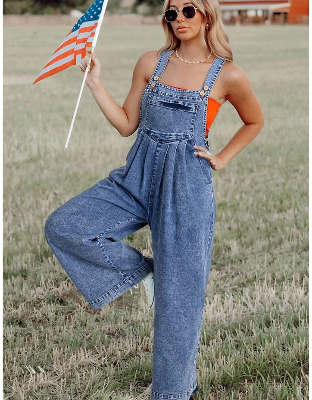 Light Blue Mineral Wash Buttoned Straps Wide Leg Denim Overalls