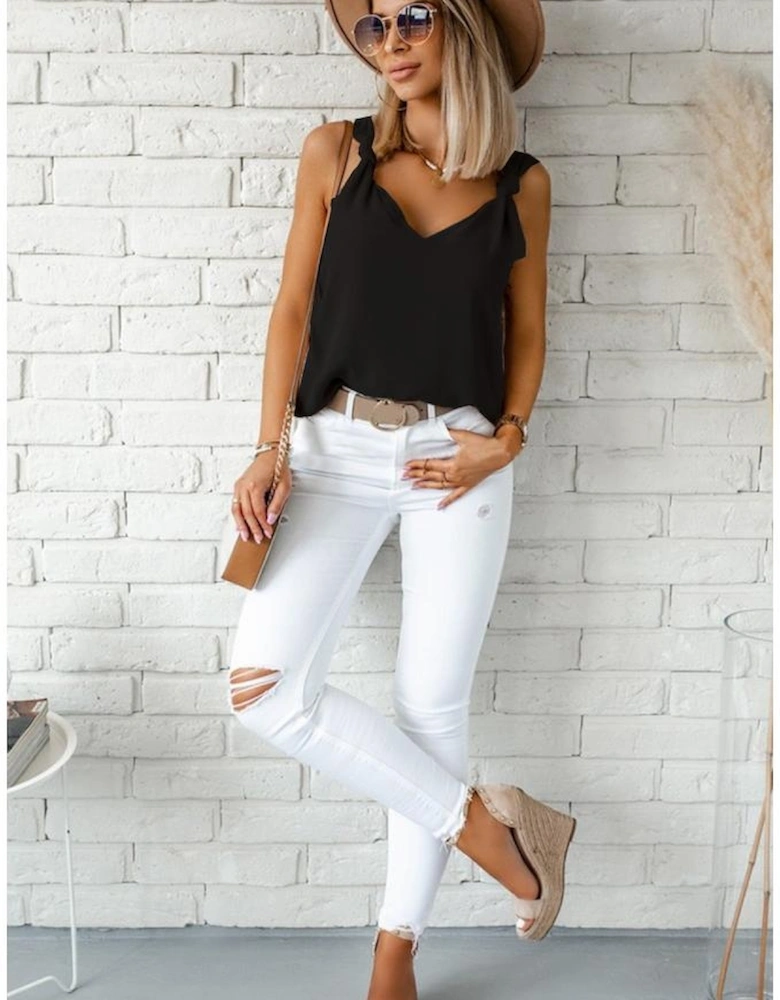 Black V Neck Knotted Shoulder Vest