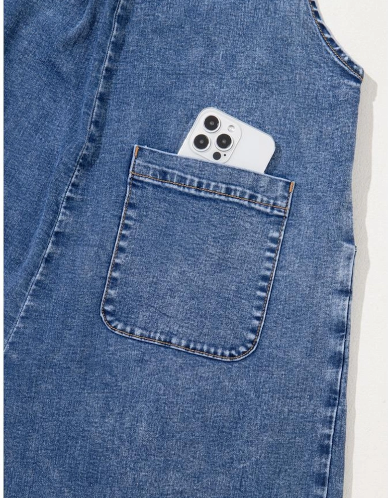 Light Blue Mineral Wash Buttoned Straps Wide Leg Denim Overalls