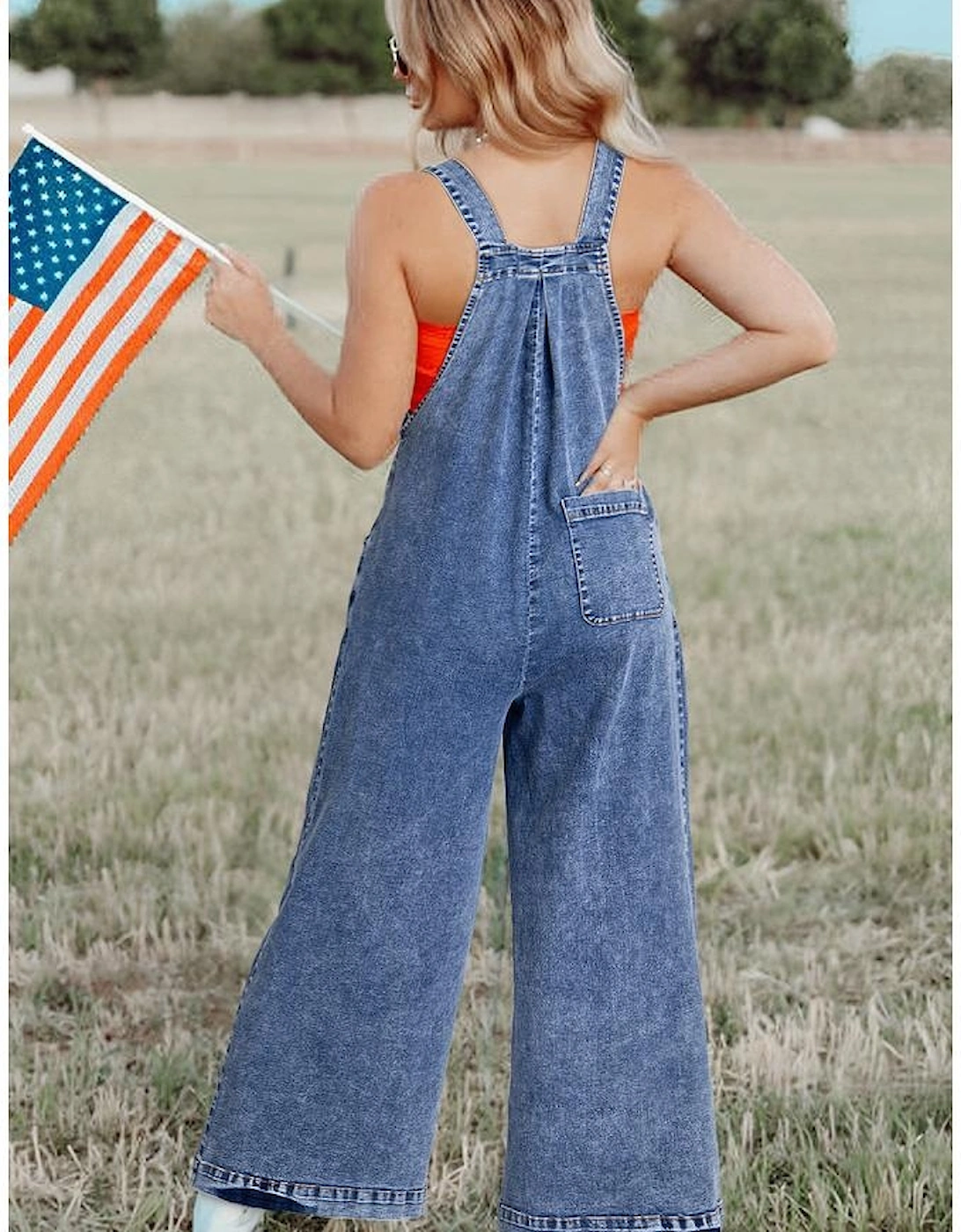 Light Blue Mineral Wash Buttoned Straps Wide Leg Denim Overalls