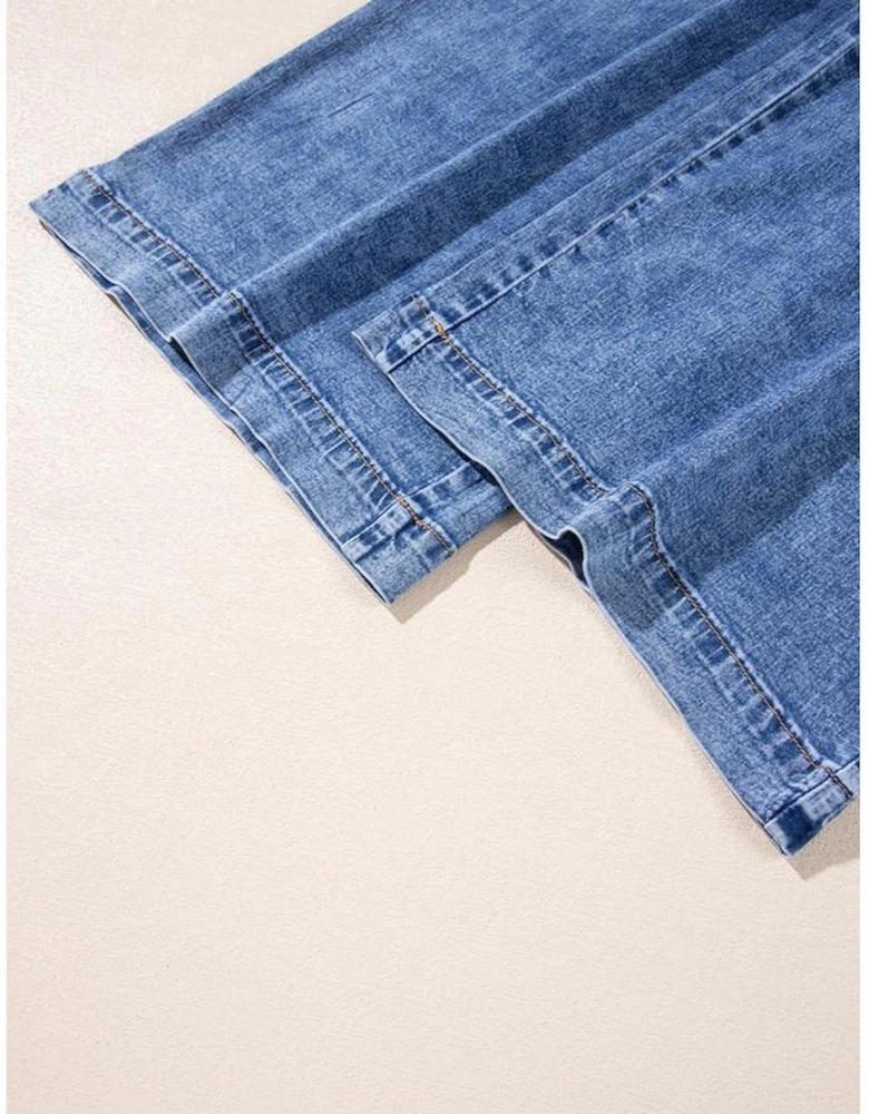 Light Blue Mineral Wash Buttoned Straps Wide Leg Denim Overalls