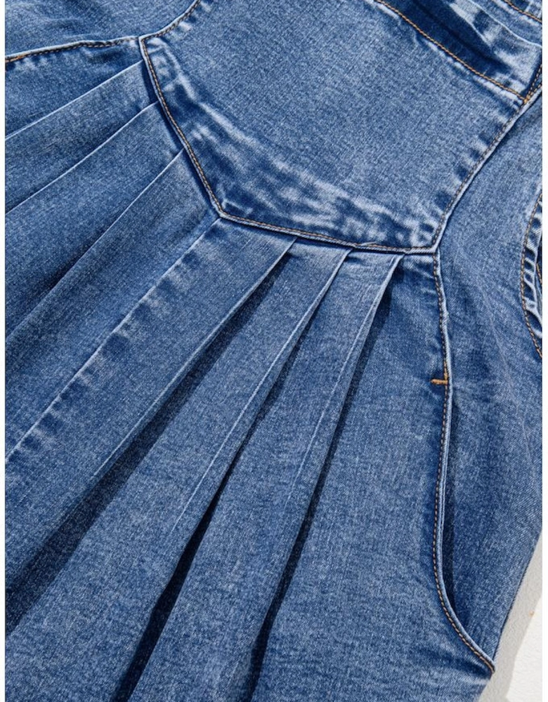 Light Blue Mineral Wash Buttoned Straps Wide Leg Denim Overalls