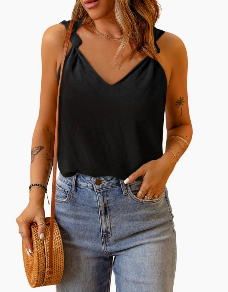 Black V Neck Knotted Shoulder Vest