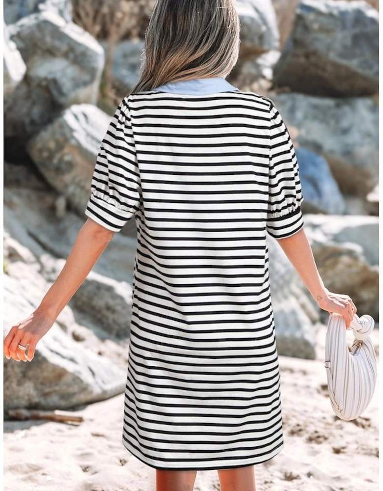 Black Stripe Contrast V Neck Collared Puff Sleeve T Shirt Mini Dress with Pockets