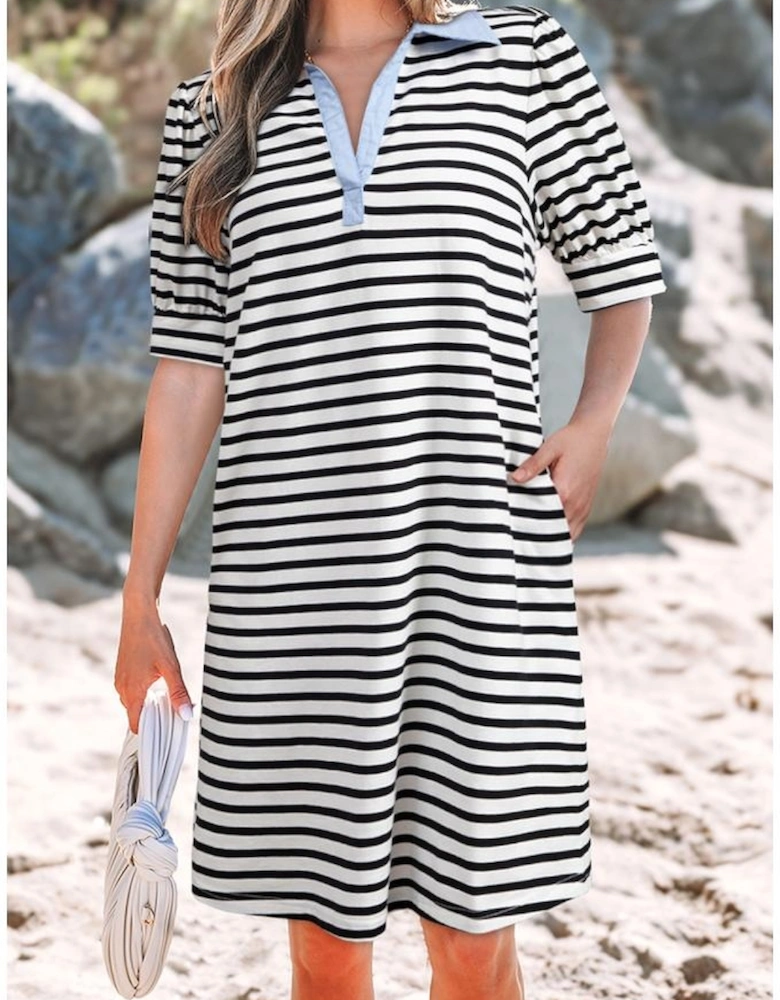 Black Stripe Contrast V Neck Collared Puff Sleeve T Shirt Mini Dress with Pockets