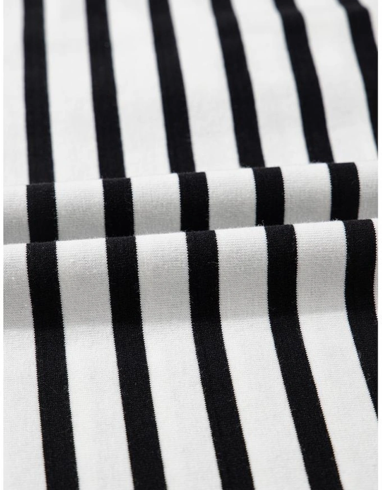 Black Stripe Contrast V Neck Collared Puff Sleeve T Shirt Mini Dress with Pockets