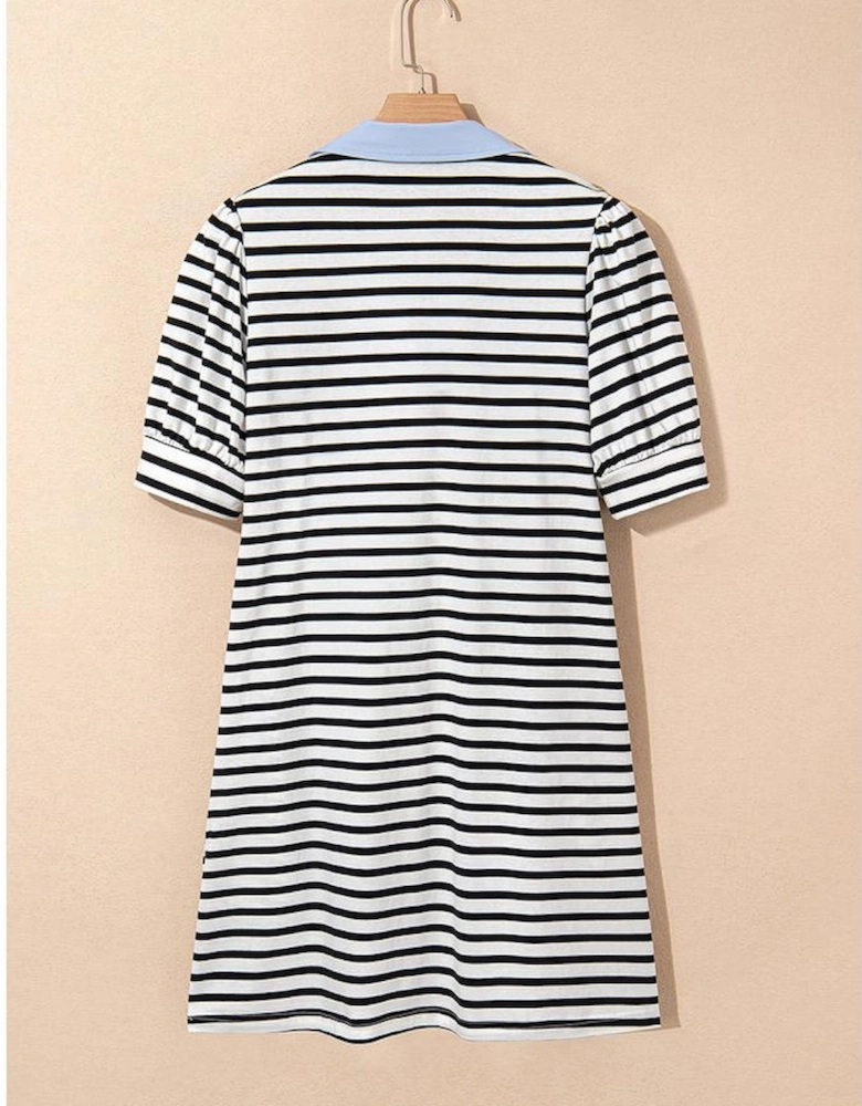 Black Stripe Contrast V Neck Collared Puff Sleeve T Shirt Mini Dress with Pockets