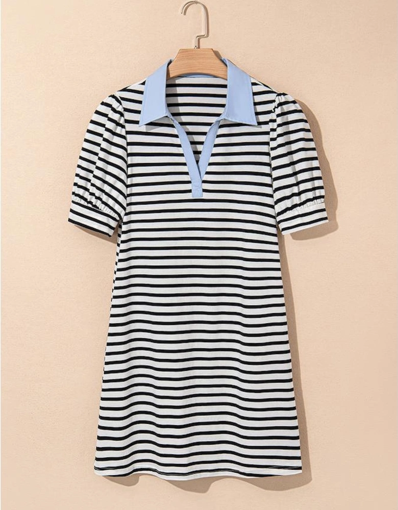 Black Stripe Contrast V Neck Collared Puff Sleeve T Shirt Mini Dress with Pockets