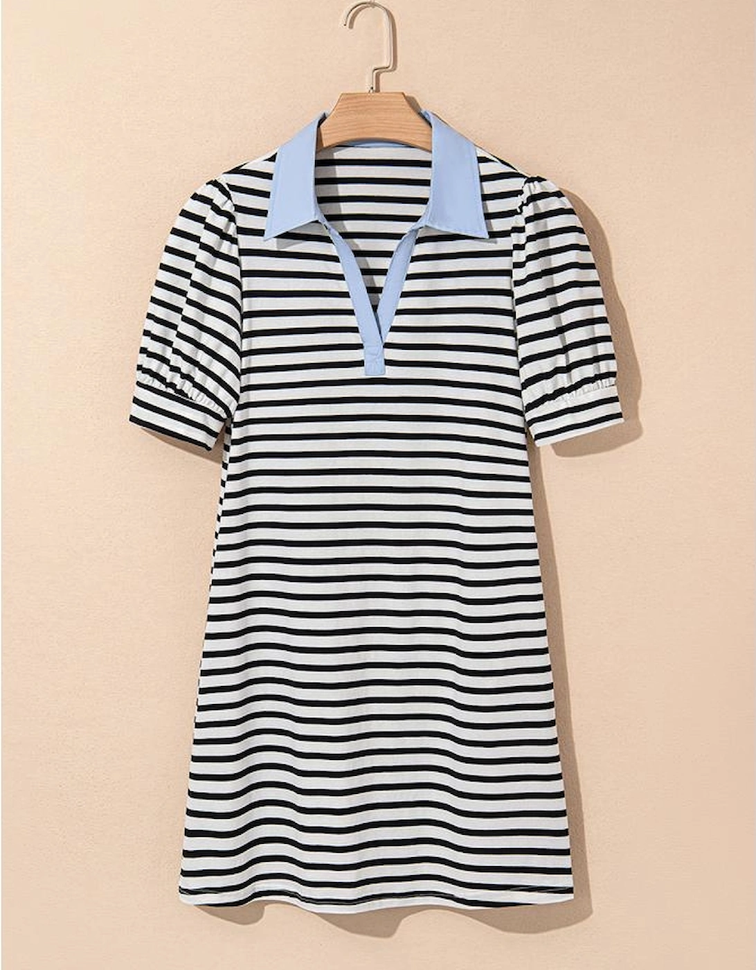 Black Stripe Contrast V Neck Collared Puff Sleeve T Shirt Mini Dress with Pockets