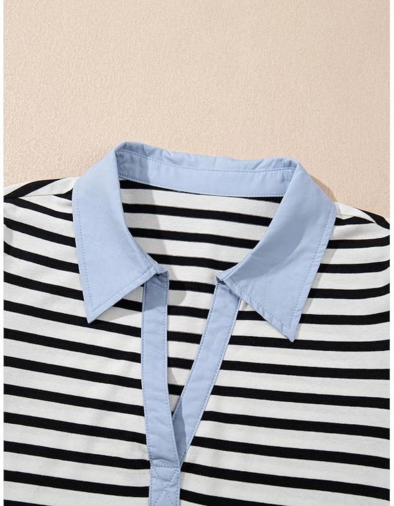 Black Stripe Contrast V Neck Collared Puff Sleeve T Shirt Mini Dress with Pockets