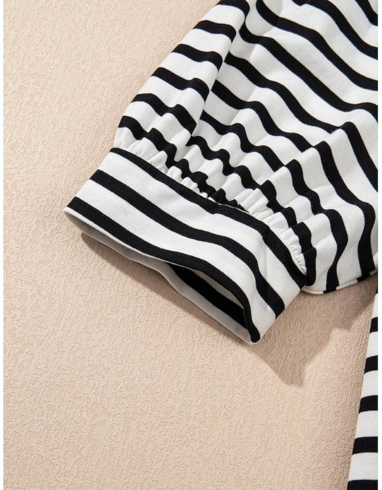 Black Stripe Contrast V Neck Collared Puff Sleeve T Shirt Mini Dress with Pockets