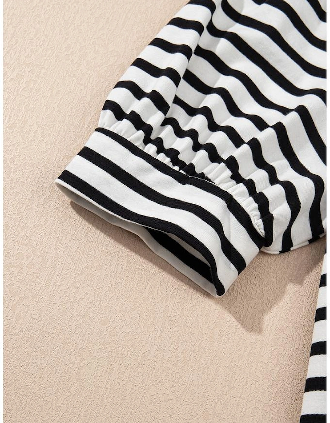 Black Stripe Contrast V Neck Collared Puff Sleeve T Shirt Mini Dress with Pockets