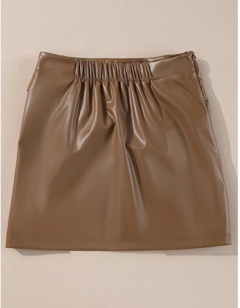 Coffee Bowknot Faux Leather Mini Skirt
