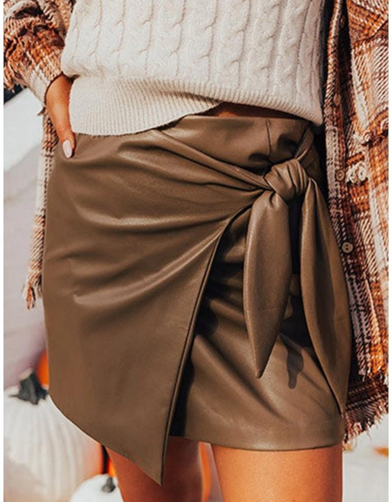 Coffee Bowknot Faux Leather Mini Skirt