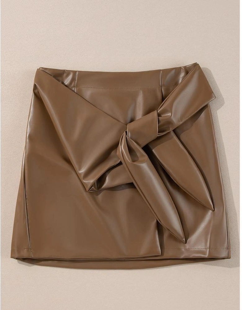 Coffee Bowknot Faux Leather Mini Skirt