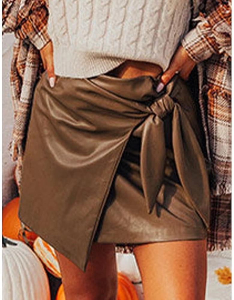 Coffee Bowknot Faux Leather Mini Skirt