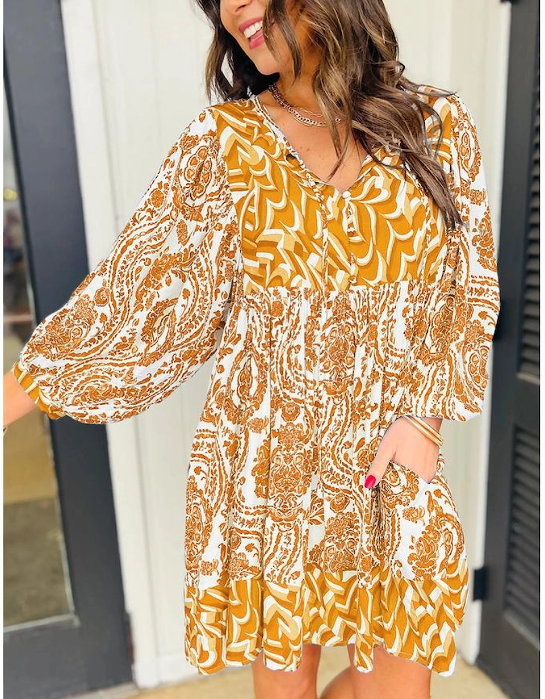 Orange Bohemian Print Puff Sleeve Tied V Neck Flared Mini Dress, 12 of 11