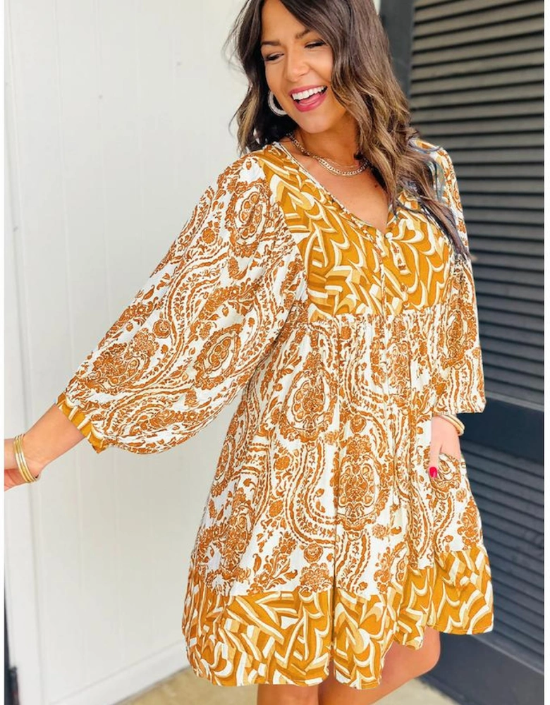 Orange Bohemian Print Puff Sleeve Tied V Neck Flared Mini Dress